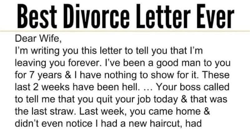 Wife receives a divorce letter from husband, her reply is brilliant